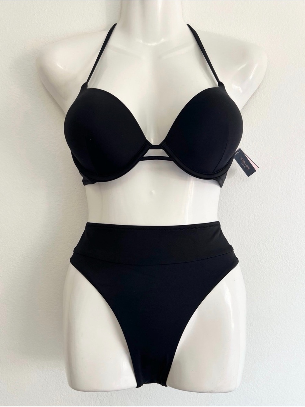 Black High-Waist Bikini Set - Push-Up Halter Top